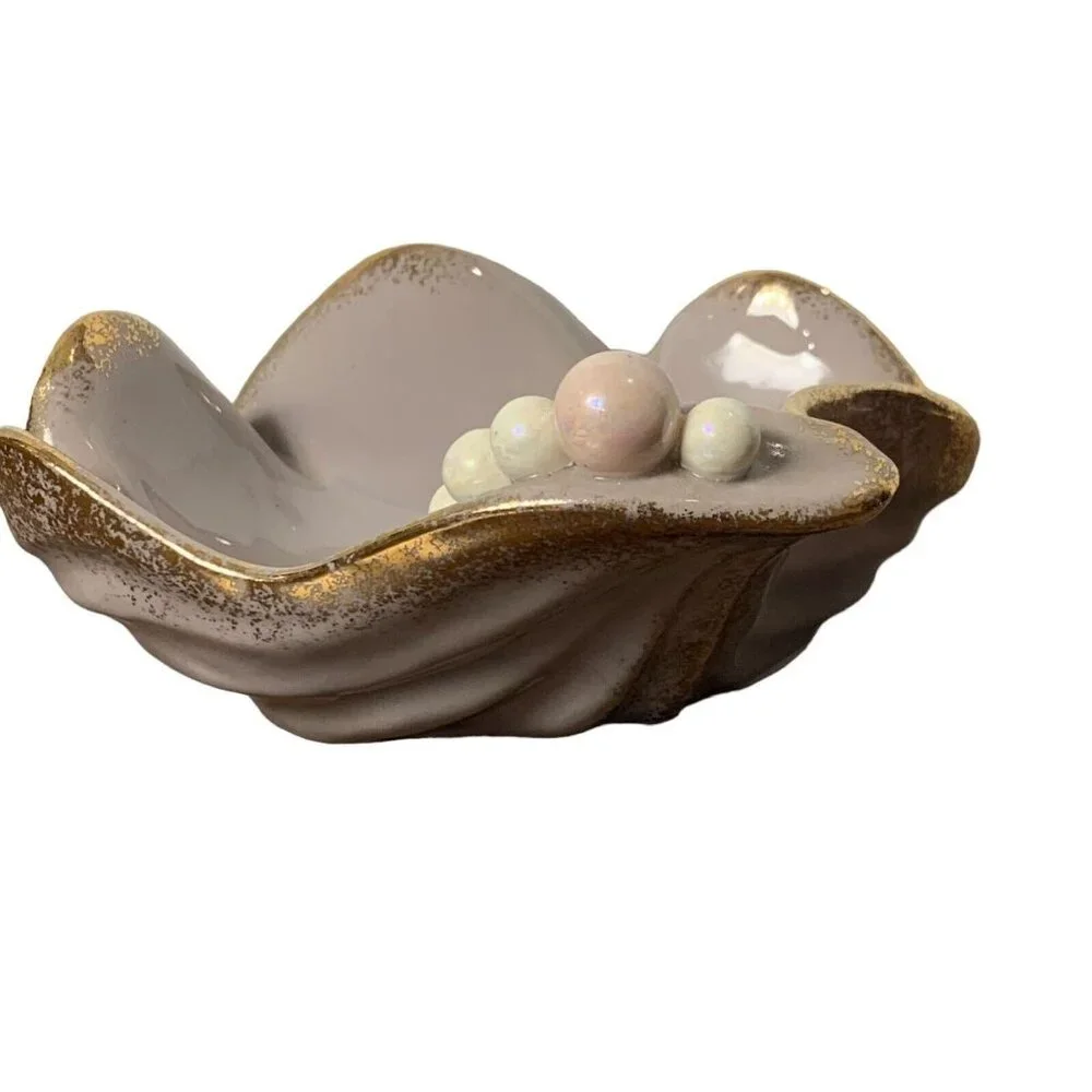 Vintage‎ MCM Gilt Seashell Ashtray Trinket Dish Pearls Midcentury Mermaid Ocean